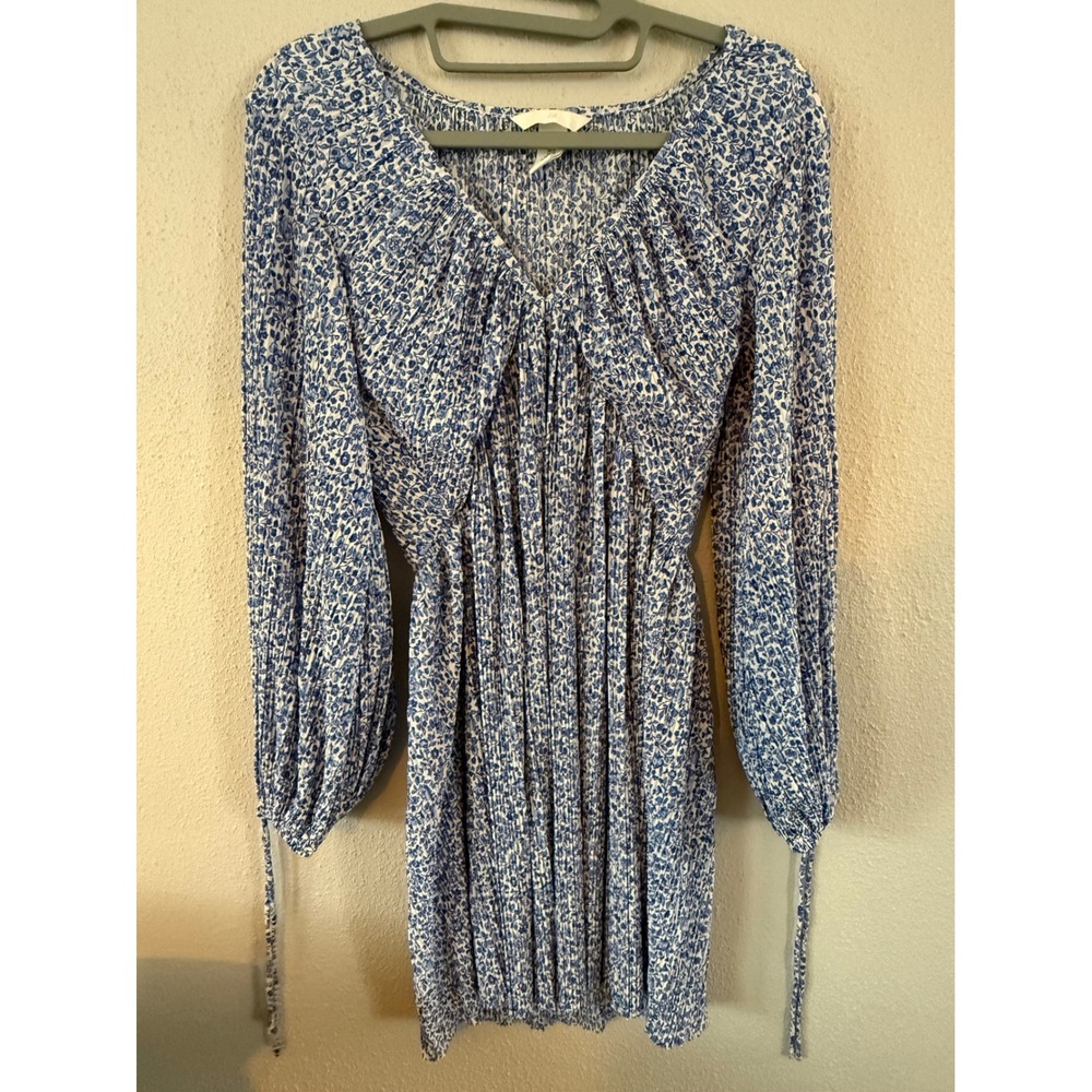 H&M Blue White Floral Plisse Mini Dress V-Neck Long Sleeve Tie Cuff XS
